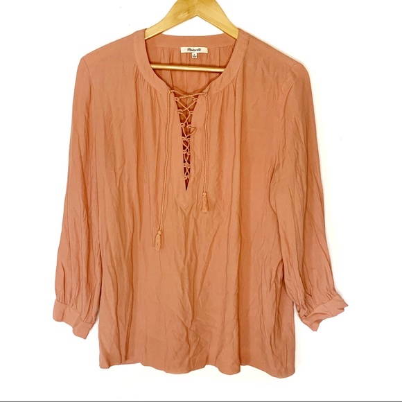 Madewell Tops - Madewell Pink Lace up Long Sleeve Peasant Blouse